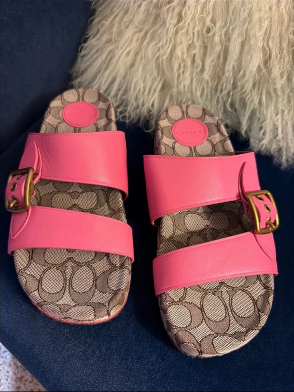 Coach Hot Pink Leather Double Strap Slide Sandals with Signature Canvas Footbed